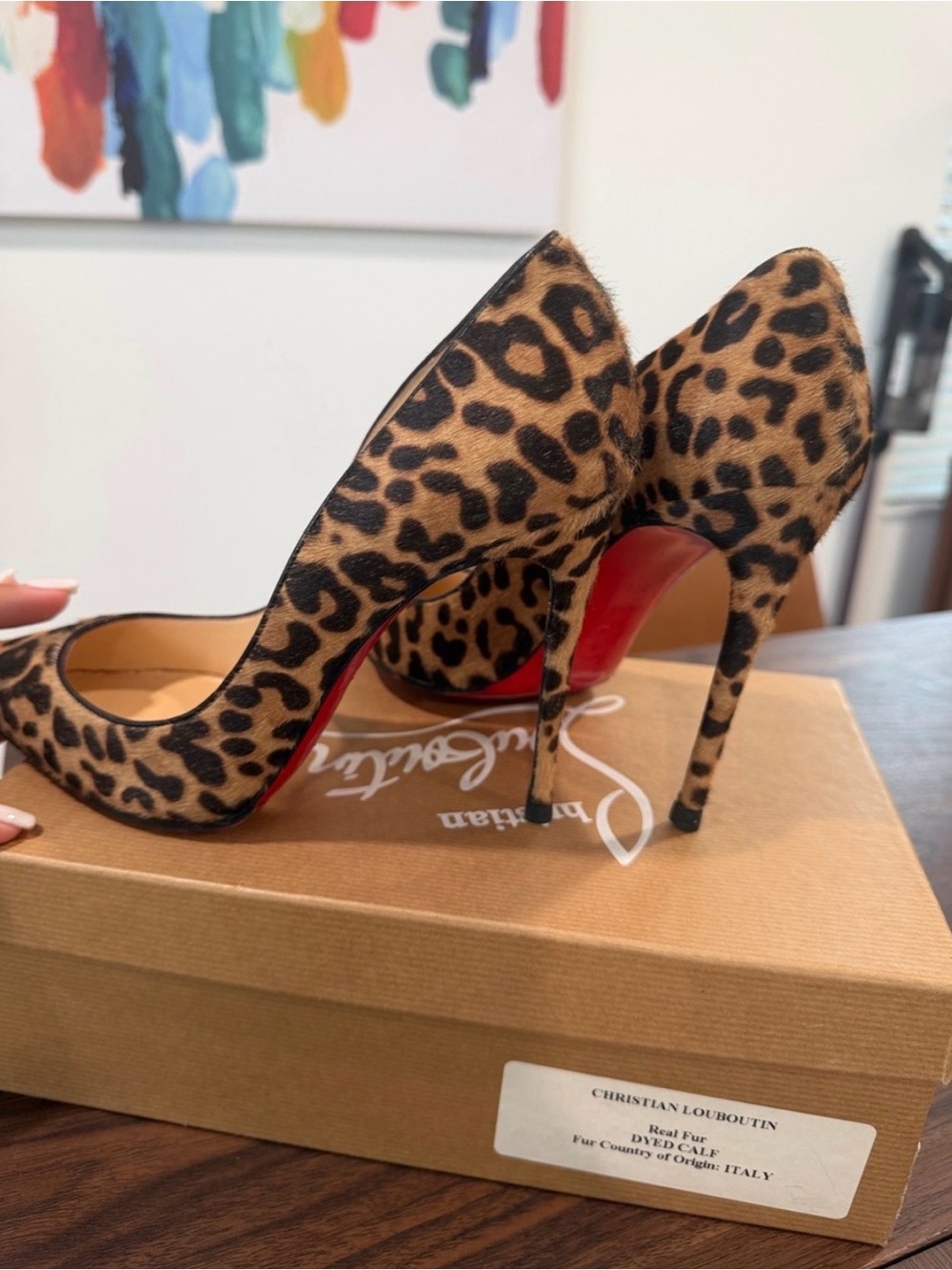 Christian Louboutin Leopard Calf Hair Pointed Toe Pumps with Red Sole - Picture 14 of 16